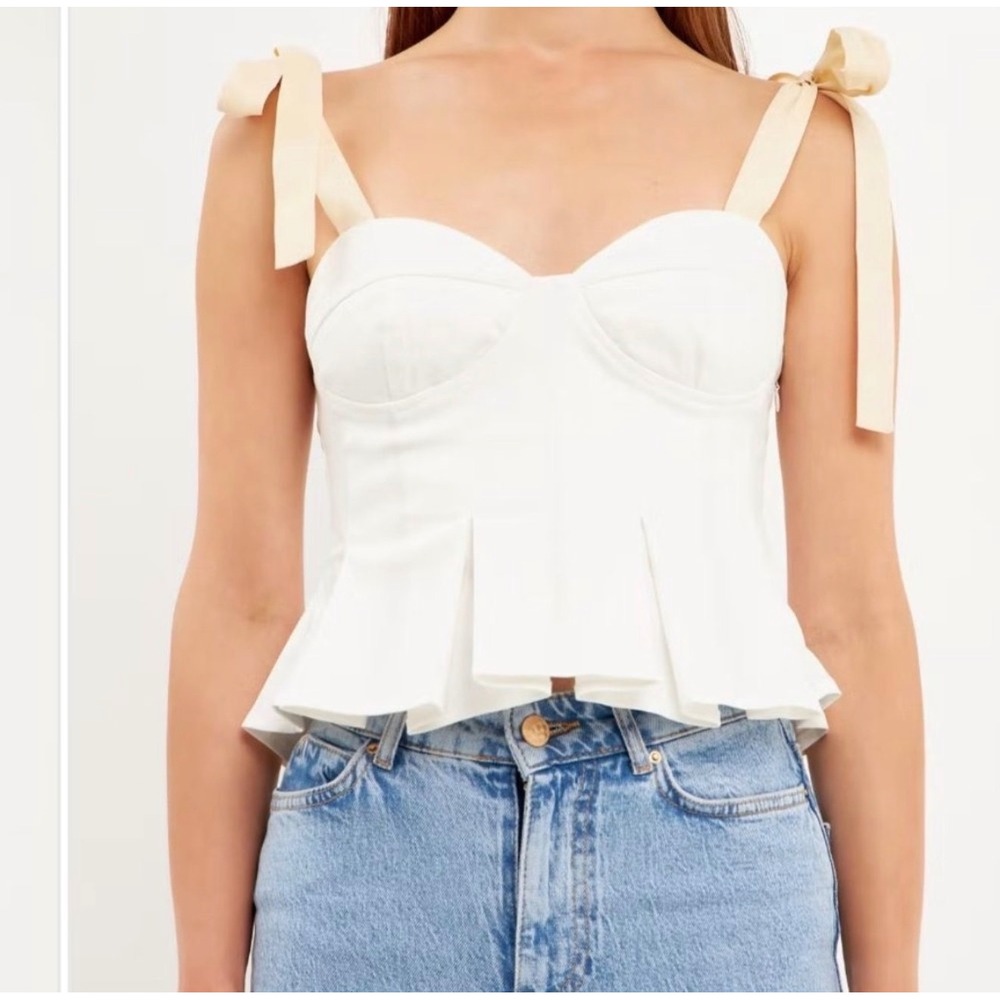 Molly Green Corset Peplum Tie Shoulder Top Womens Medium White PCT157‎